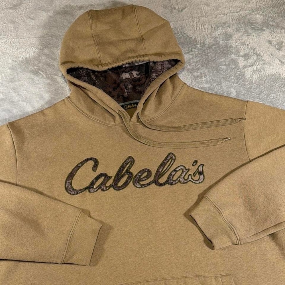 Cabela's Embroidered Military Hoodie | Tan With Camo Lining | XL